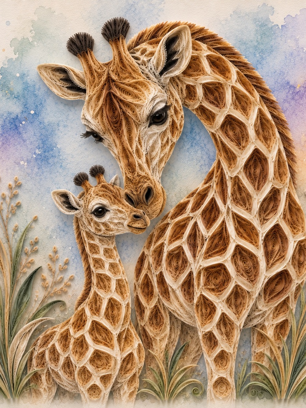 8x8 Black Framed Quilled Mother & Baby Giraffe Wall Art